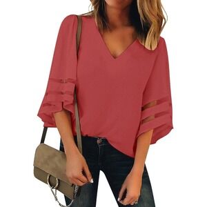 Women's V-Neck Mesh Panel‎ Blouse 3/4 Bell Sleeve Top Medium